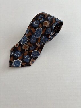 Vintage Floral Silk Tie Made USA Blue Brown Italian Silk Necktie